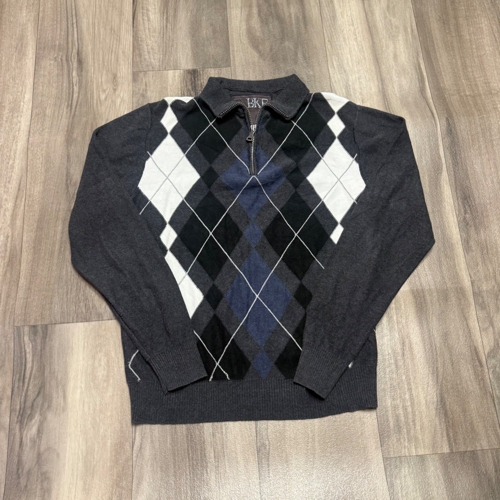 BKE Mens Argyle Quarter Zip Pullover Sweater Charcoal Gray Blue Size Medium